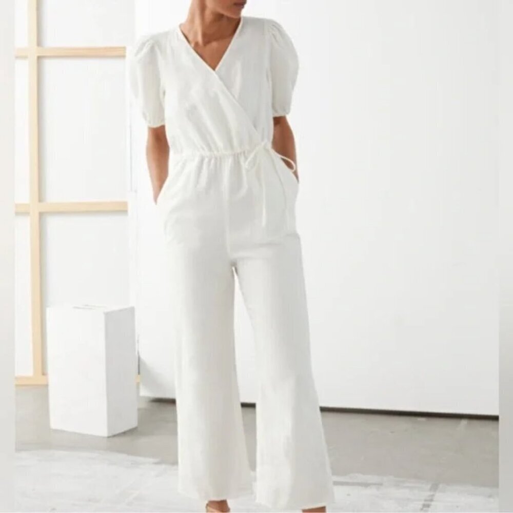 & Other Stories White Puff Sleeve Wrap Linen Jumpsuit Size 2 boho romantic flowy